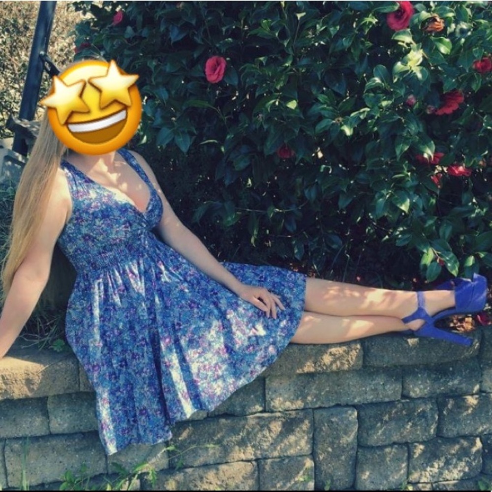 Blue Floral Deep V Neck Sun Dress w/ V Neck Back